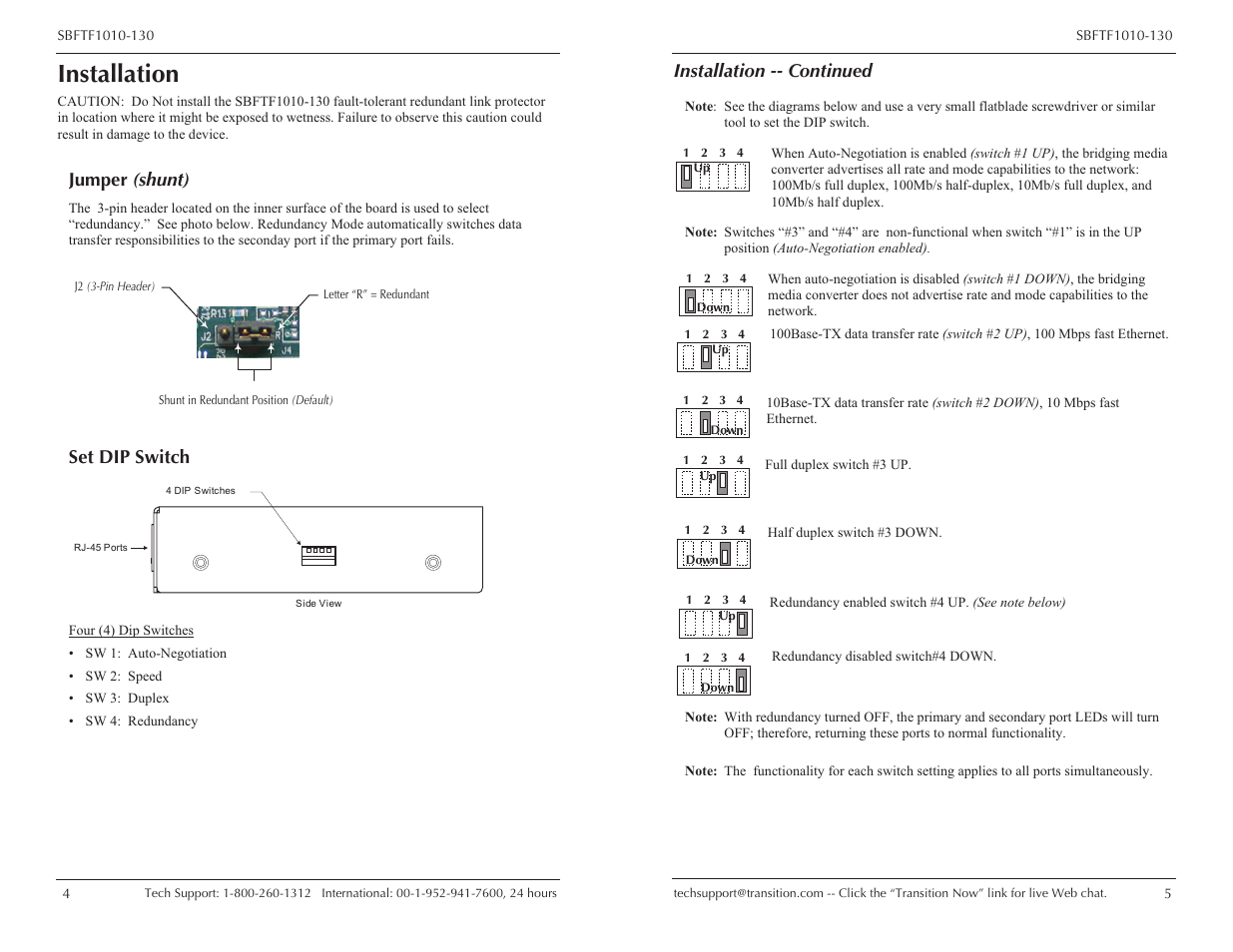 Installation, Jumper (shunt), Set dip switch | Installation -- continued | Transition Networks SBFTF1010-130 User Manual | Page 3 / 7
