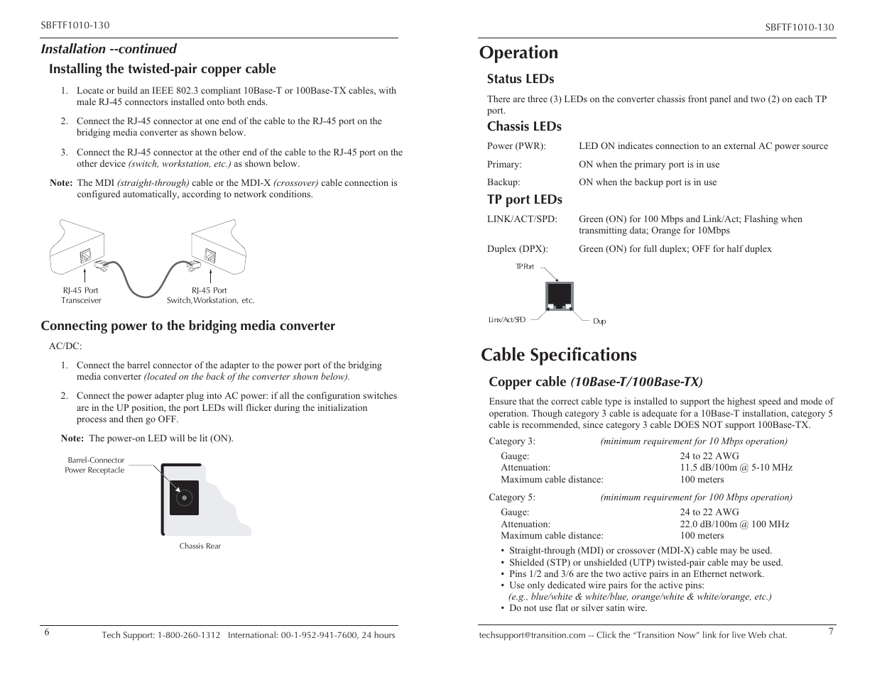 Cable specifications, Operation, Connecting power to the bridging media converter | Status leds, Chassis leds, Tp port leds | Transition Networks SBFTF1010-130 User Manual | Page 4 / 7