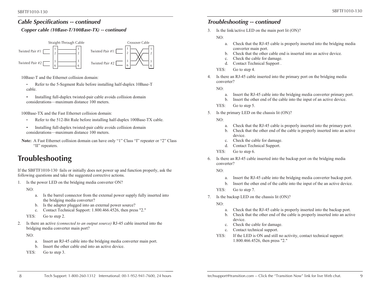 Troubleshooting, Troubleshooting -- continued, Cable specifications -- continued | Transition Networks SBFTF1010-130 User Manual | Page 5 / 7