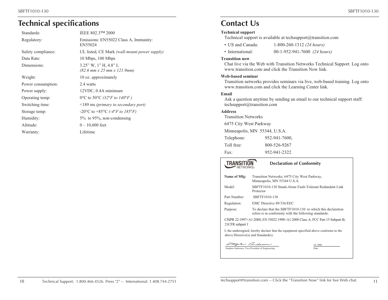 Technical specifications, Contact us | Transition Networks SBFTF1010-130 User Manual | Page 6 / 7