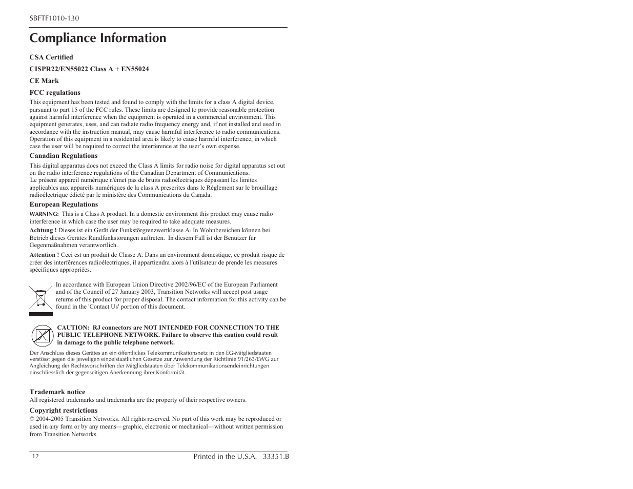 Compliance information | Transition Networks SBFTF1010-130 User Manual | Page 7 / 7