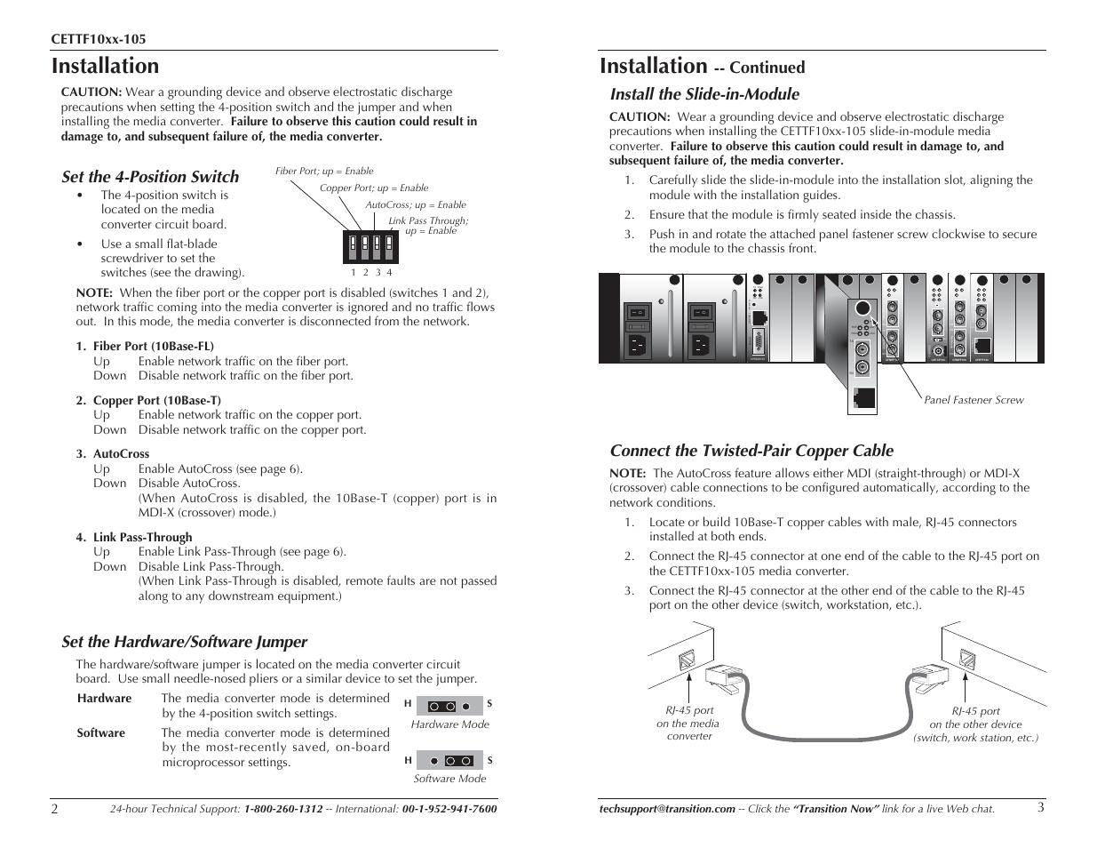 Installation, Set the 4-position switch, Set the hardware/software jumper | Continued install the slide-in-module, Connect the twisted-pair copper cable, Lks pwr lkm lks pwr lkm, Term init rx tx lnk pwr | Transition Networks CETTF10XX-105 User Manual | Page 2 / 7