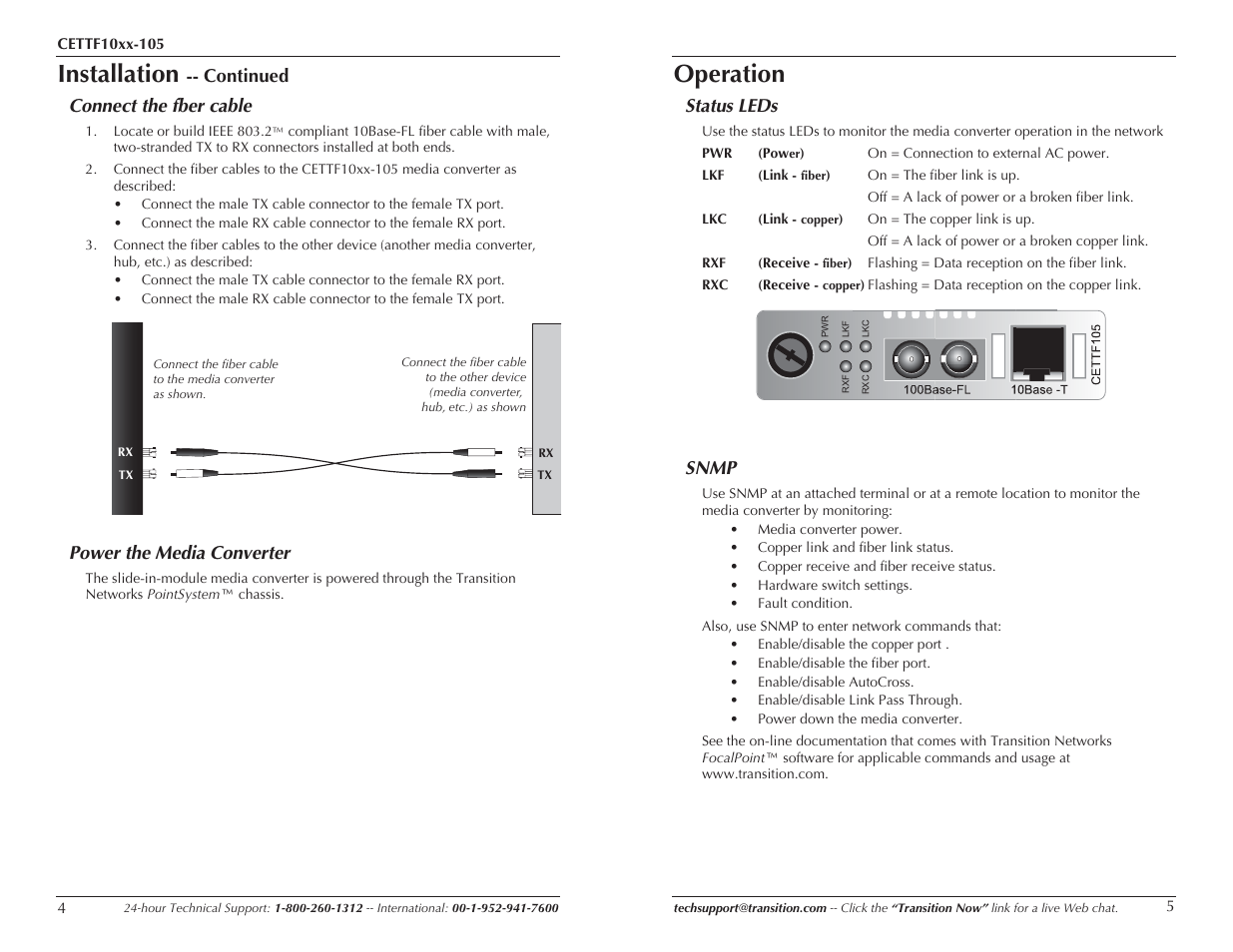 Installation, Operation, Continued connect the fber cable | Power the media converter, Status leds, Snmp | Transition Networks CETTF10XX-105 User Manual | Page 3 / 7