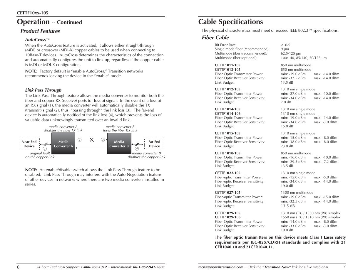 Operation, Cable specifications, Continued product features | Fiber cable | Transition Networks CETTF10XX-105 User Manual | Page 4 / 7