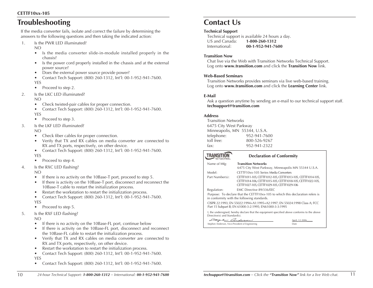 Troubleshooting, Contact us | Transition Networks CETTF10XX-105 User Manual | Page 6 / 7