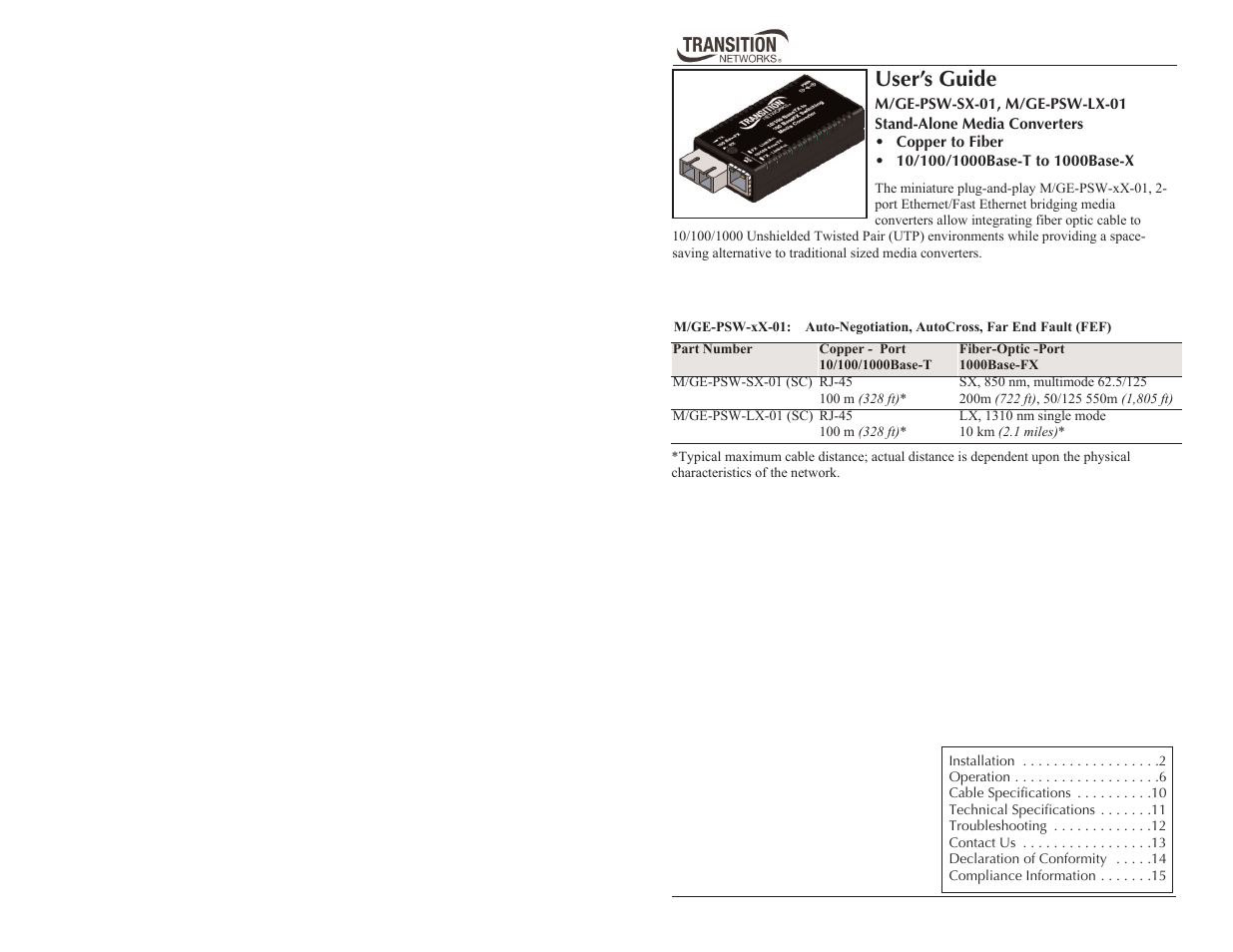 Transition Networks M/GE-PSW-LX-01 User Manual | 9 pages