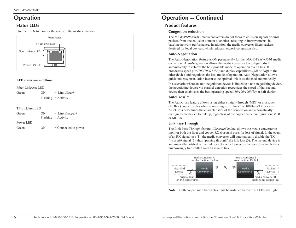 Operation, Operation -- continued, Status leds | Product features | Transition Networks M/GE-PSW-LX-01 User Manual | Page 4 / 9