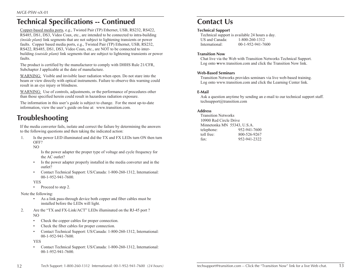 Troubleshooting, Technical specifications -- continued, Contact us | Transition Networks M/GE-PSW-LX-01 User Manual | Page 7 / 9