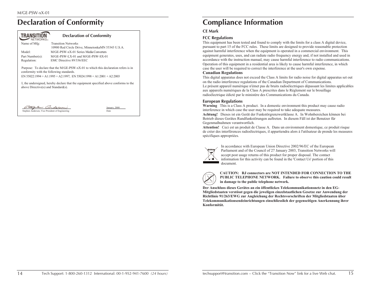 Declaration of conformity, Compliance information | Transition Networks M/GE-PSW-LX-01 User Manual | Page 8 / 9
