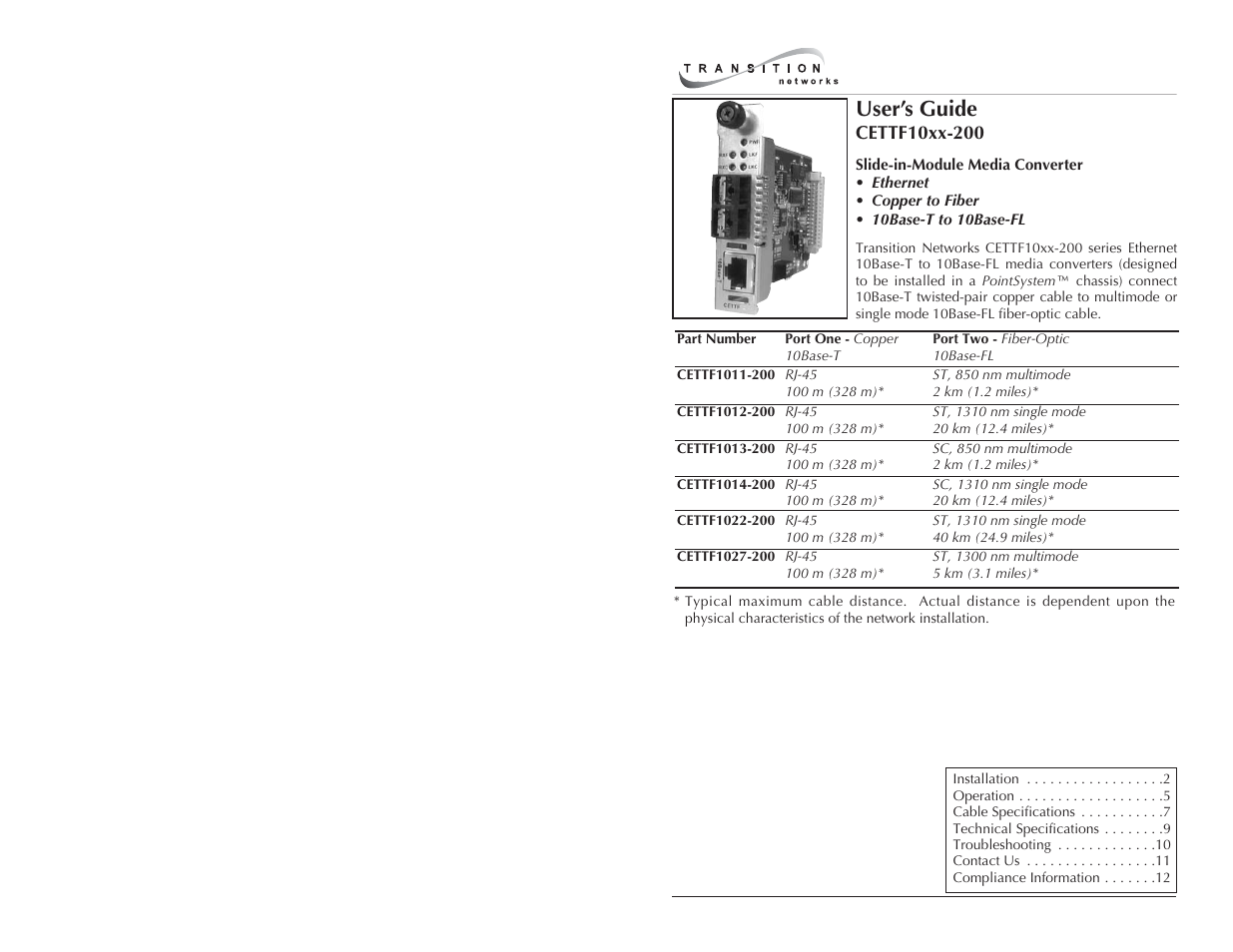 Transition Networks CETTF10XX-200 User Manual | 7 pages