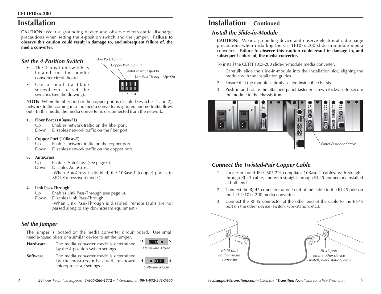 Installation, Set the 4-position switch, Set the jumper | Continued install the slide-in-module, Connect the twisted-pair copper cable, Lks pwr lkm lks pwr lkm, Term init rx tx lnk pwr | Transition Networks CETTF10XX-200 User Manual | Page 2 / 7