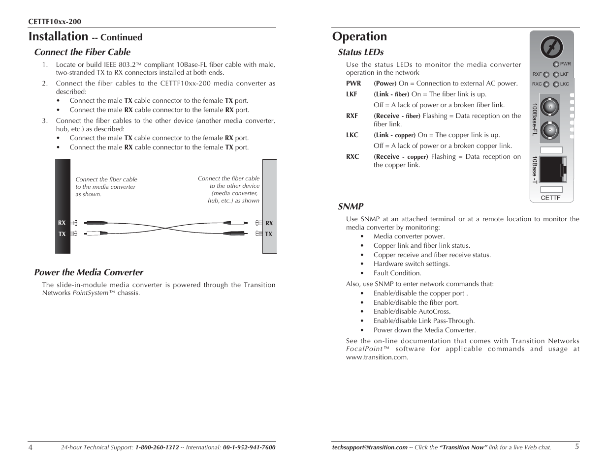 Installation, Operation, Continued connect the fiber cable | Power the media converter, Status leds, Snmp | Transition Networks CETTF10XX-200 User Manual | Page 3 / 7