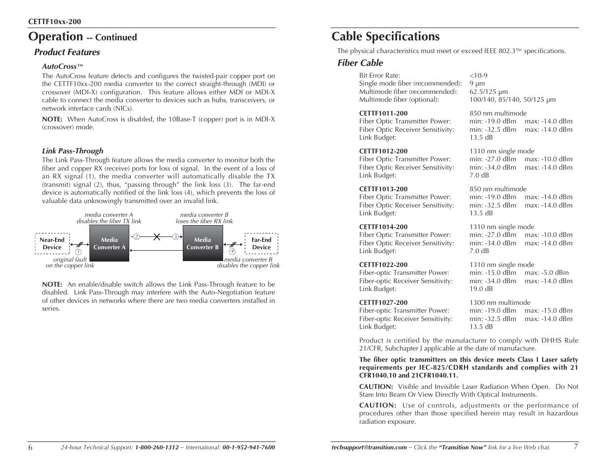 Operation, Cable specifications, Continued product features | Fiber cable | Transition Networks CETTF10XX-200 User Manual | Page 4 / 7