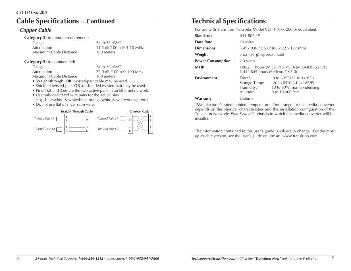 Cable specifications, Technical specifications, Continued | Copper cable | Transition Networks CETTF10XX-200 User Manual | Page 5 / 7