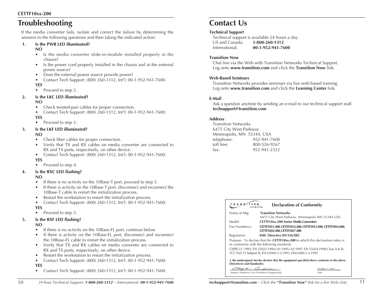 Troubleshooting, Contact us | Transition Networks CETTF10XX-200 User Manual | Page 6 / 7