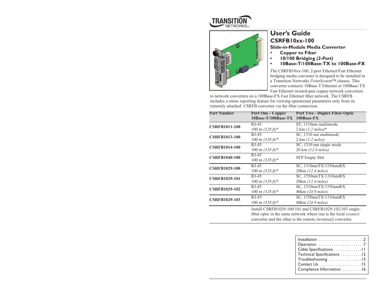 Transition Networks CSRFB10XX-100 User Manual | 9 pages