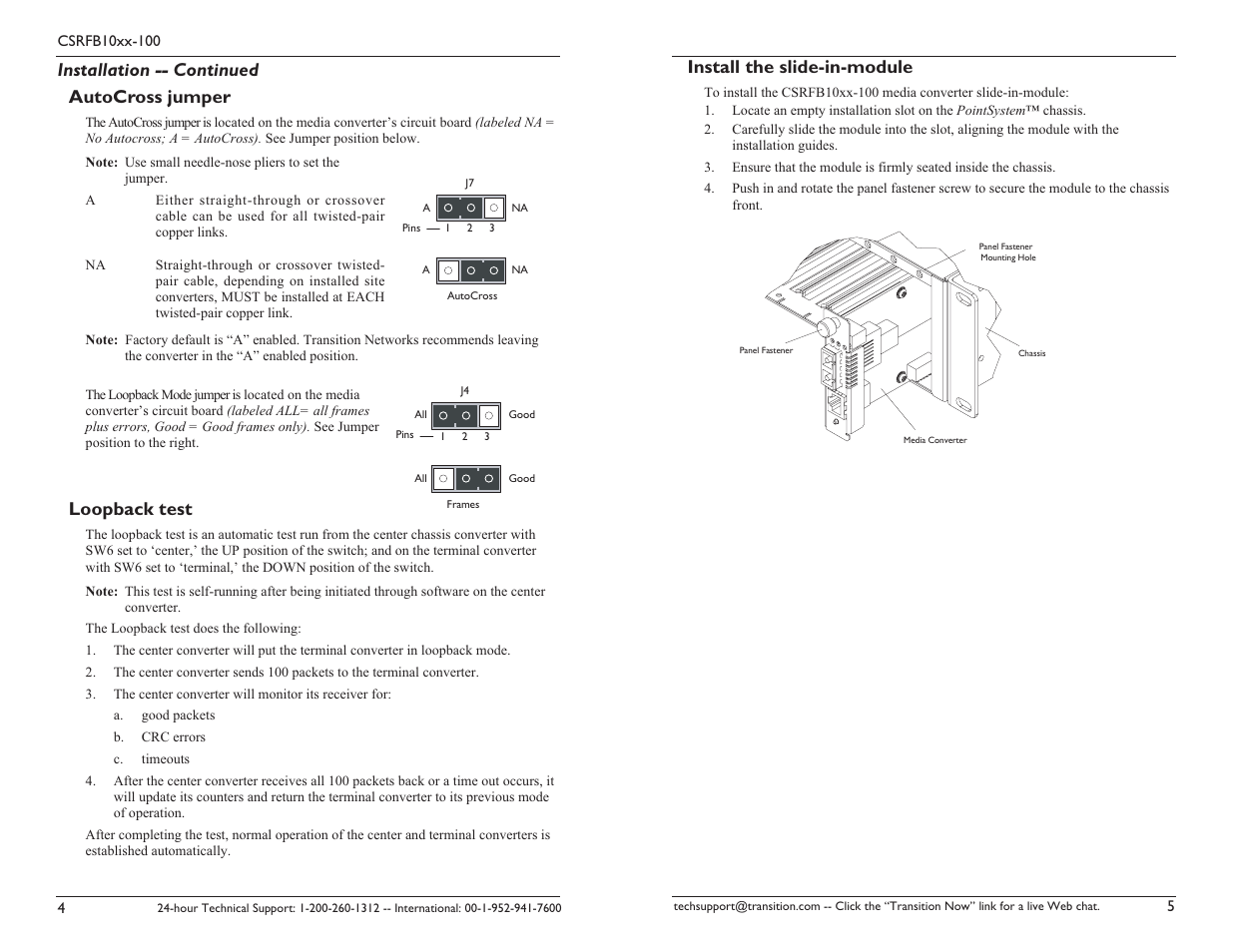 Loopback test, Installation -- continued autocross jumper, Install the slide-in-module | Transition Networks CSRFB10XX-100 User Manual | Page 3 / 9