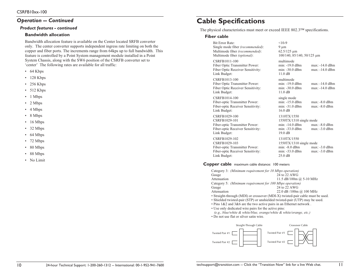 Cable specifications, Operation -- continued | Transition Networks CSRFB10XX-100 User Manual | Page 6 / 9