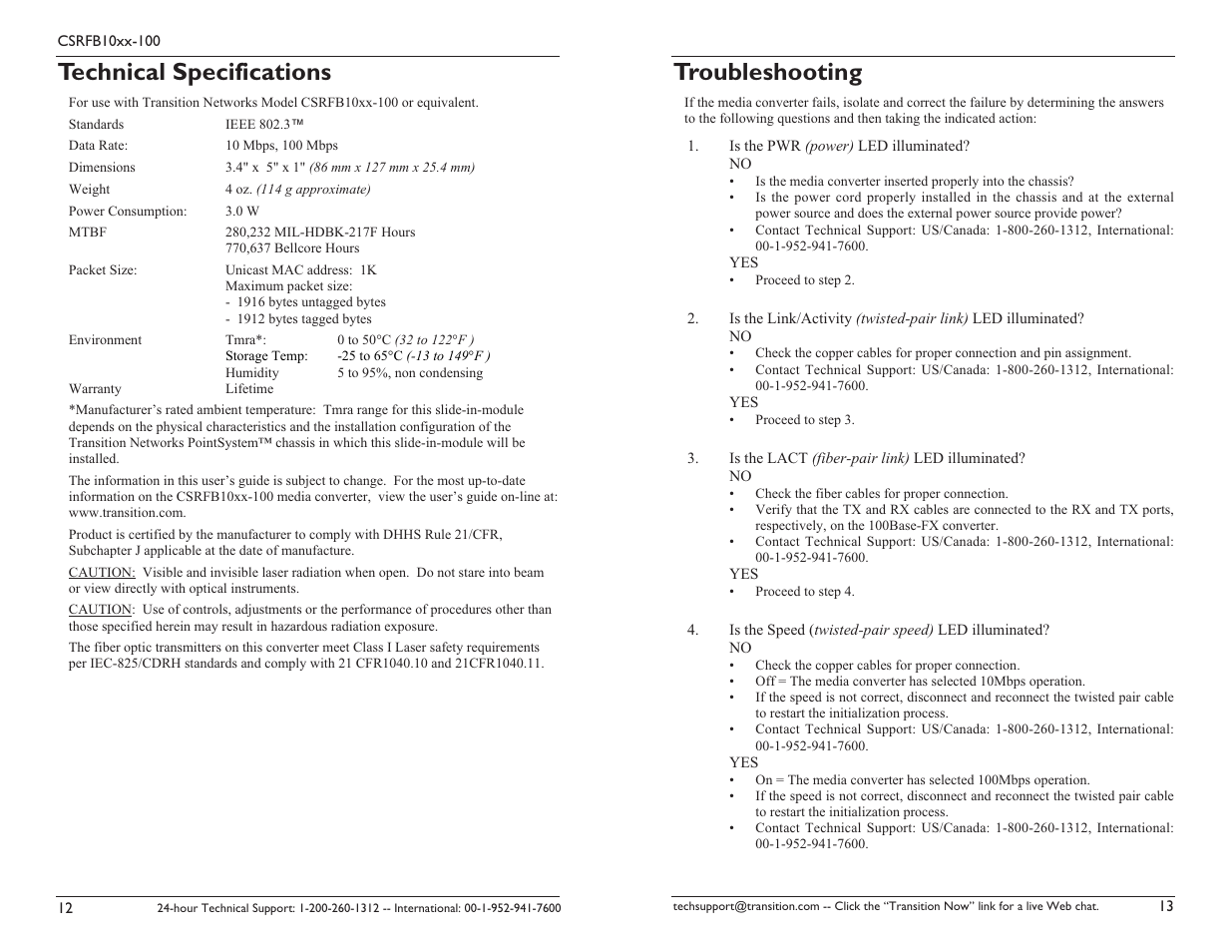Technical specifications, Troubleshooting | Transition Networks CSRFB10XX-100 User Manual | Page 7 / 9
