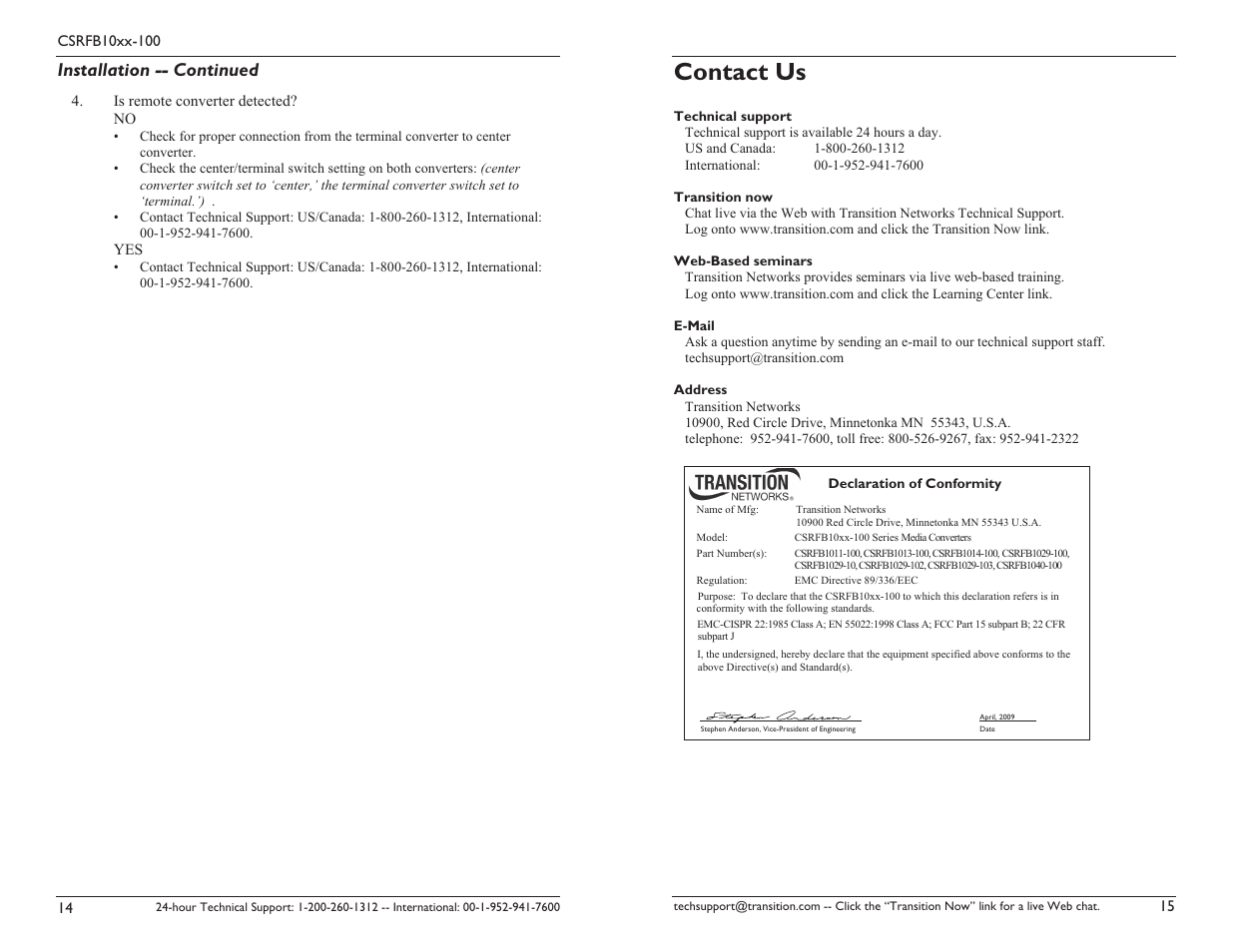 Contact us, Installation -- continued | Transition Networks CSRFB10XX-100 User Manual | Page 8 / 9