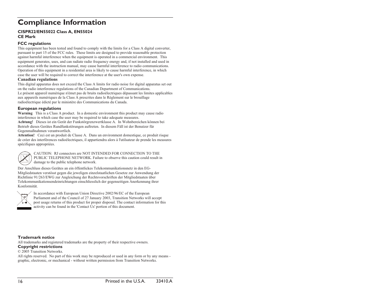 Compliance information | Transition Networks CSRFB10XX-100 User Manual | Page 9 / 9