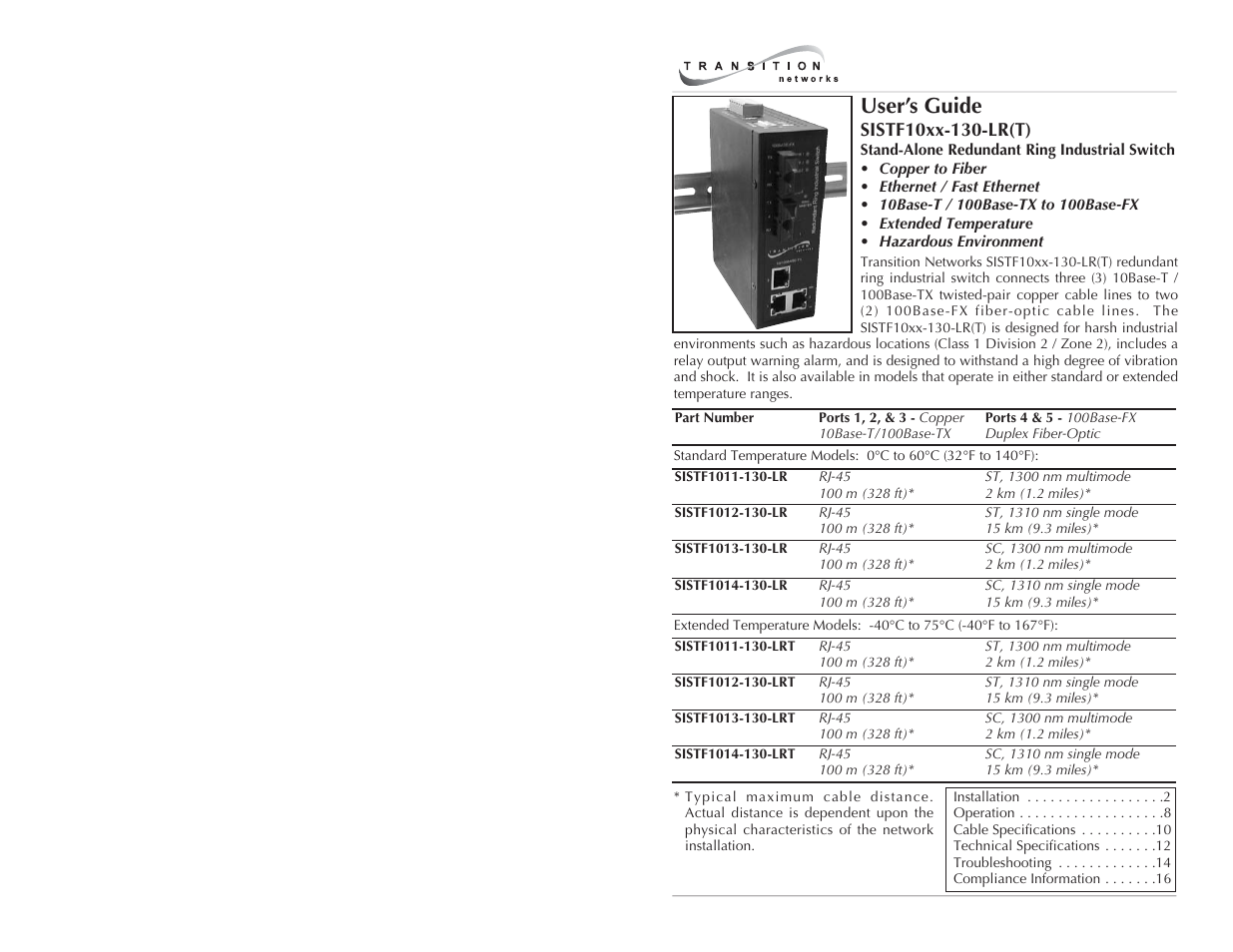 Transition Networks SISTF10xx-130-LR(T) User Manual | 9 pages