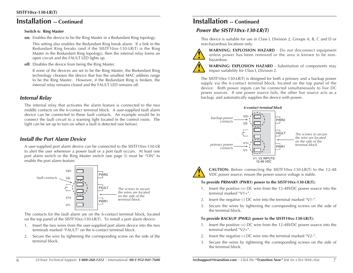 Installation, Install the port alarm device, Continued | Internal relay | Transition Networks SISTF10xx-130-LR(T) User Manual | Page 4 / 9