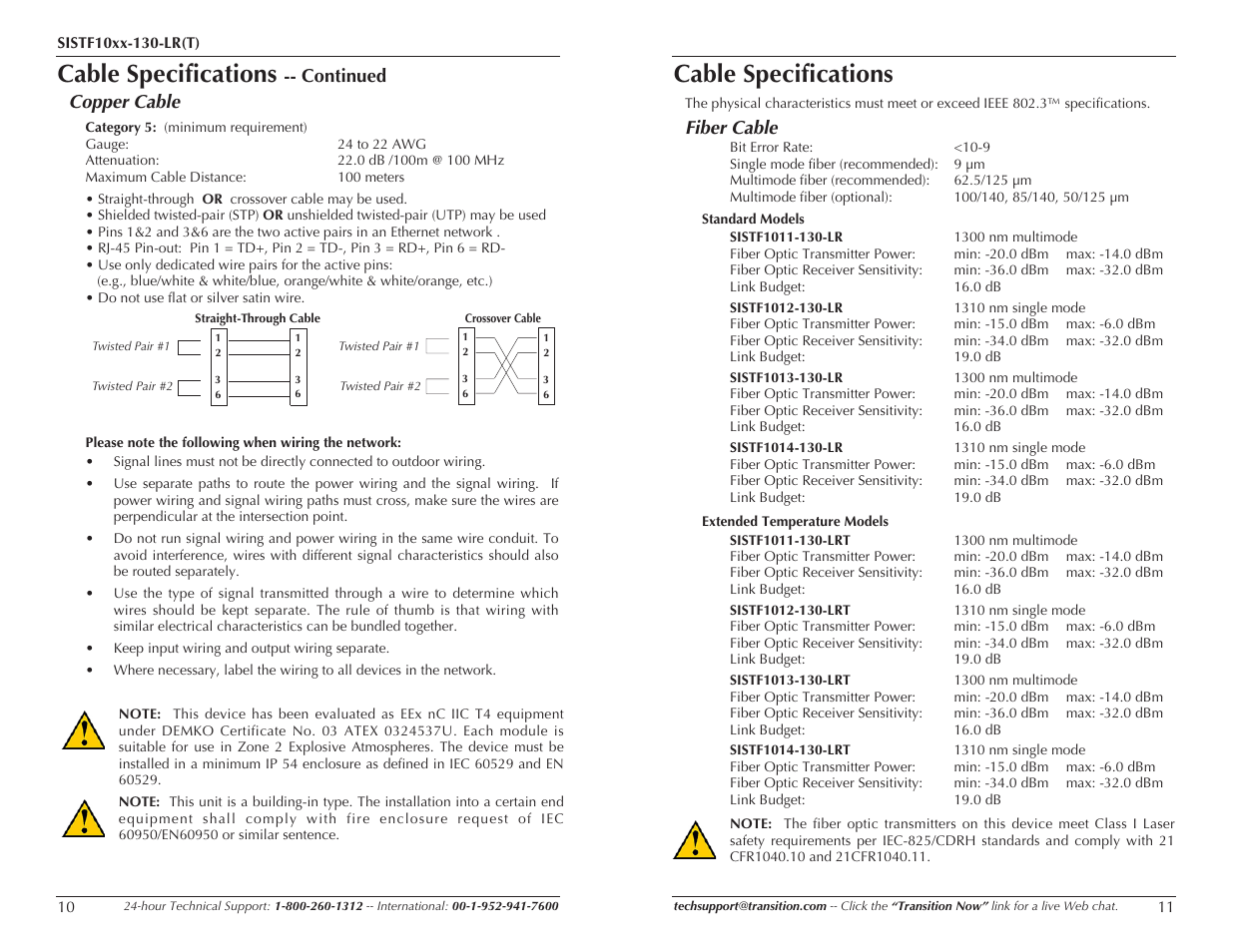 Cable specifications, Continued copper cable, Fiber cable | Transition Networks SISTF10xx-130-LR(T) User Manual | Page 6 / 9