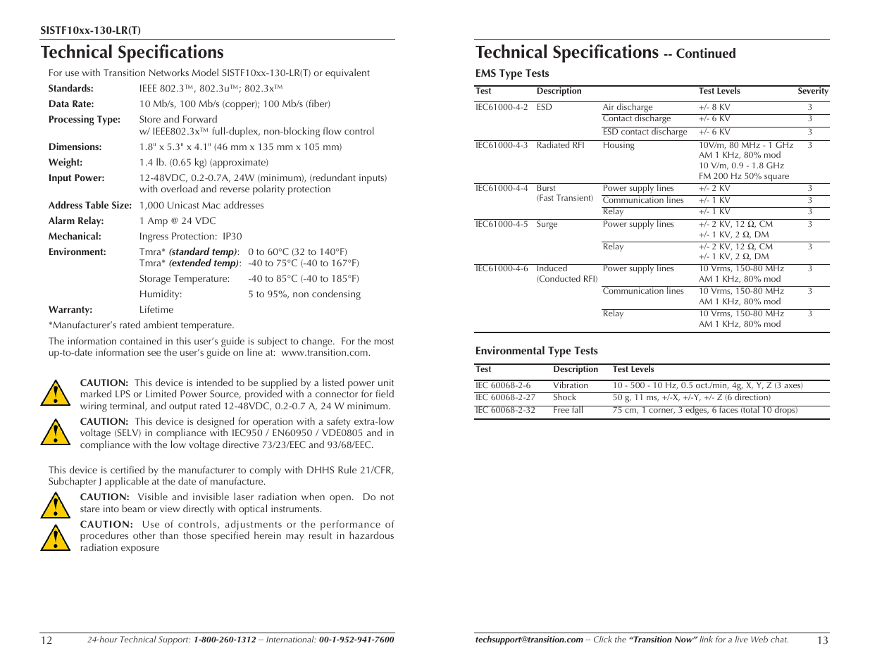 Technical specifications, Continued | Transition Networks SISTF10xx-130-LR(T) User Manual | Page 7 / 9