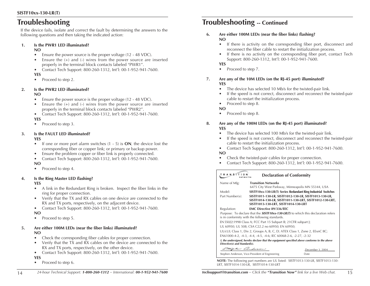 Troubleshooting, Continued | Transition Networks SISTF10xx-130-LR(T) User Manual | Page 8 / 9