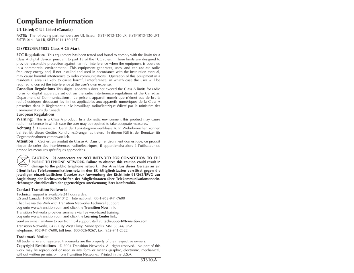 Compliance information | Transition Networks SISTF10xx-130-LR(T) User Manual | Page 9 / 9