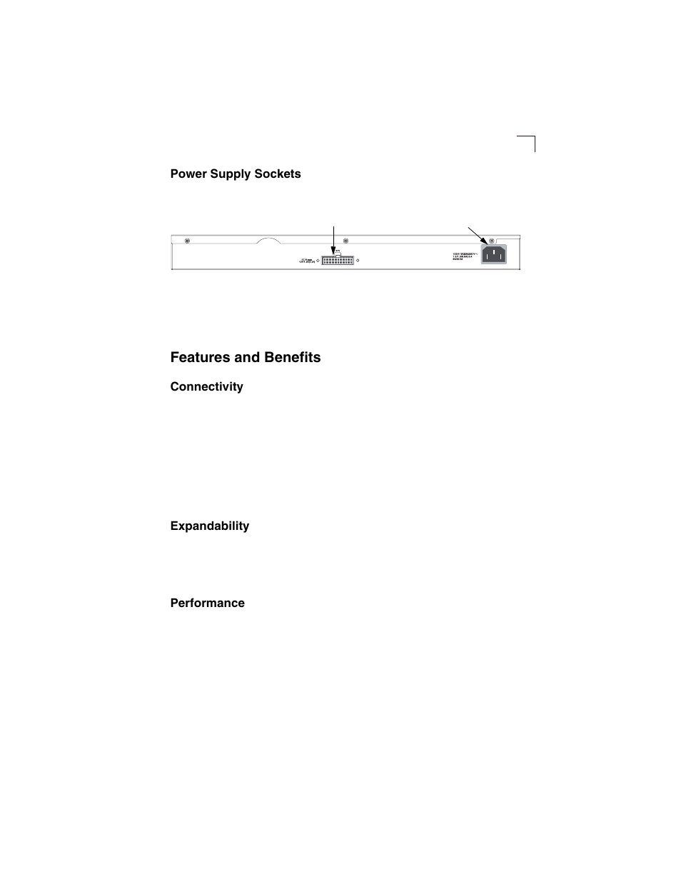 Power supply sockets, Features and benefits, Connectivity | Expandability, Performance, Connectivity 1-5 expandability 1-5 performance 1-5, Figure 1-4 | Transition Networks SM24-100SFP-AH User Manual | Page 21 / 60