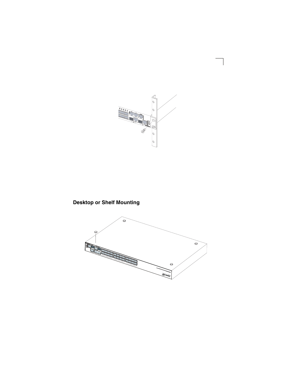 Desktop or shelf mounting, Figure 3-2, Installing the switch in a rack | Figure 3-3, Attaching the adhesive feet | Transition Networks SM24-100SFP-AH User Manual | Page 31 / 60