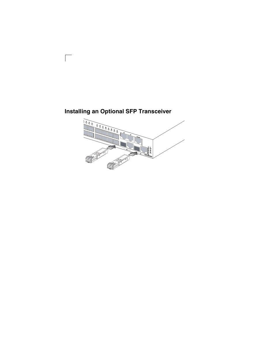 Installing an optional sfp transceiver, Figure 3-4, Inserting an sfp transceiver into a slot | Transition Networks SM24-100SFP-AH User Manual | Page 32 / 60