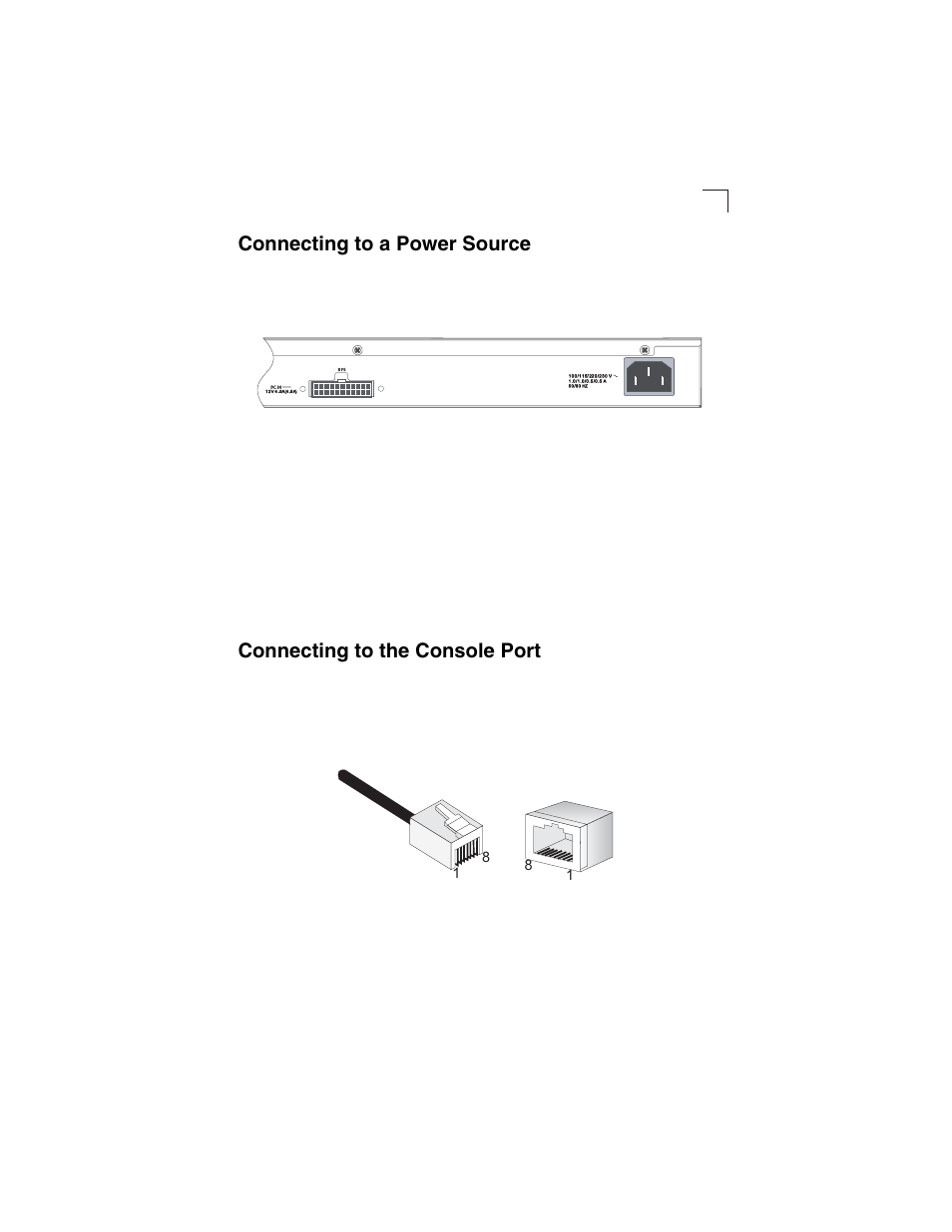 Connecting to a power source, Connecting to the console port, Figure 3-5 | Power sockets, Figure 3-6, Serial port (rj-45) pin-out | Transition Networks SM24-100SFP-AH User Manual | Page 33 / 60