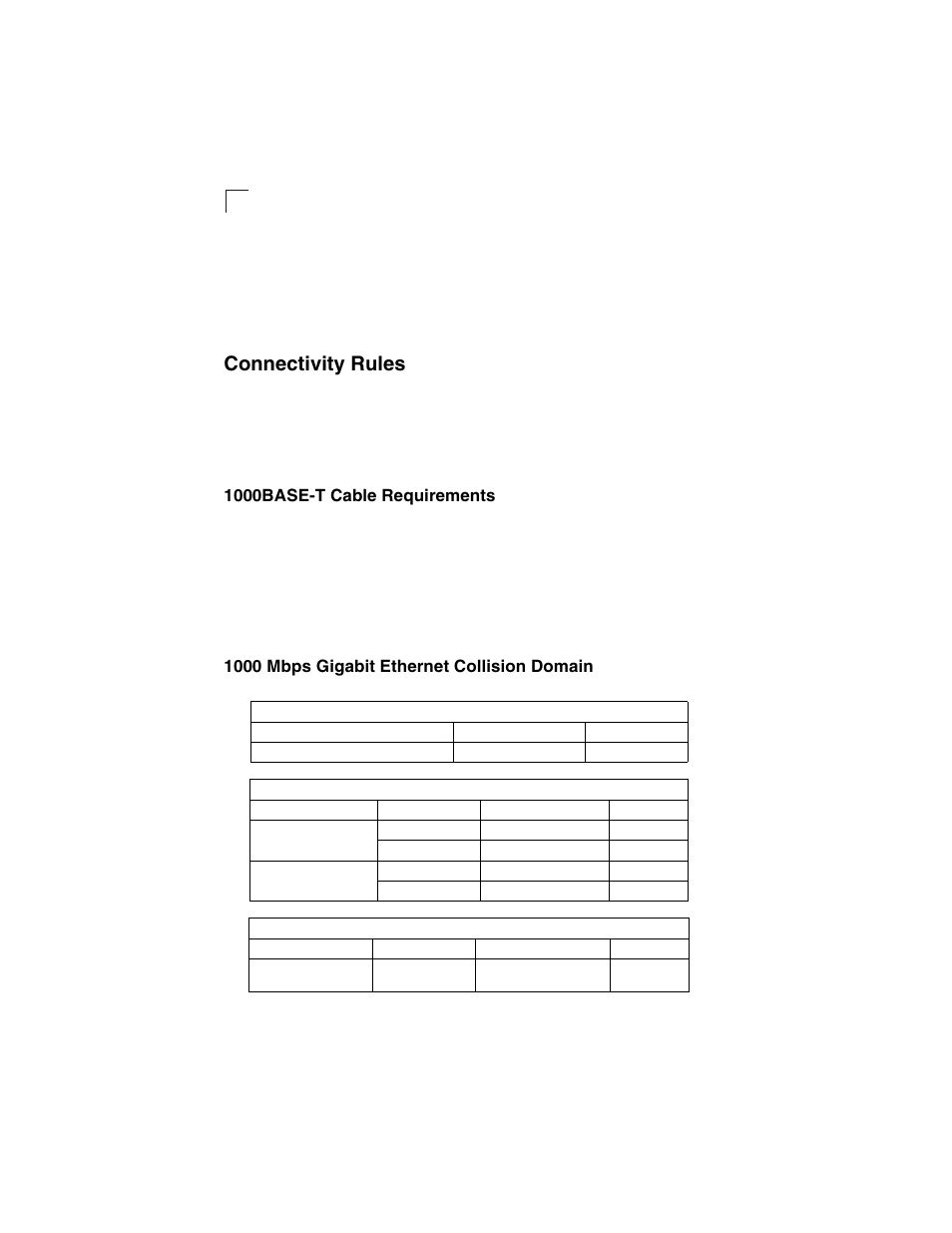 Connectivity rules, 1000base-t cable requirements, 1000 mbps gigabit ethernet collision domain | Table 4-1, Maximum 1000base-t gigabit ethernet cable length, Table 4-2, Maximum 1000base-sx gigabit ethernet cable length, Table 4-3, Maximum 1000base-lx gigabit ethernet cable length | Transition Networks SM24-100SFP-AH User Manual | Page 38 / 60