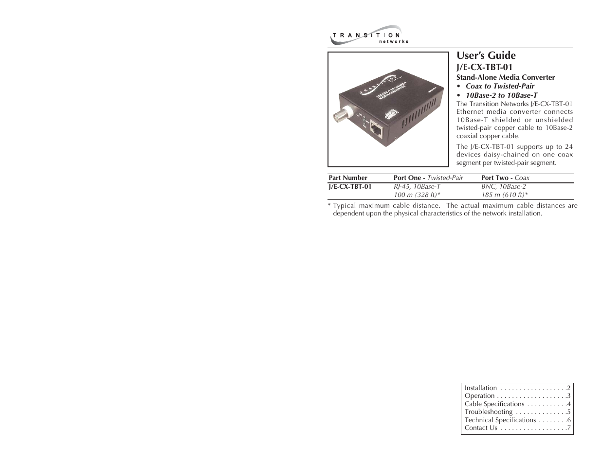 Transition Networks J/E-CX-TBT-01 User Manual | 5 pages