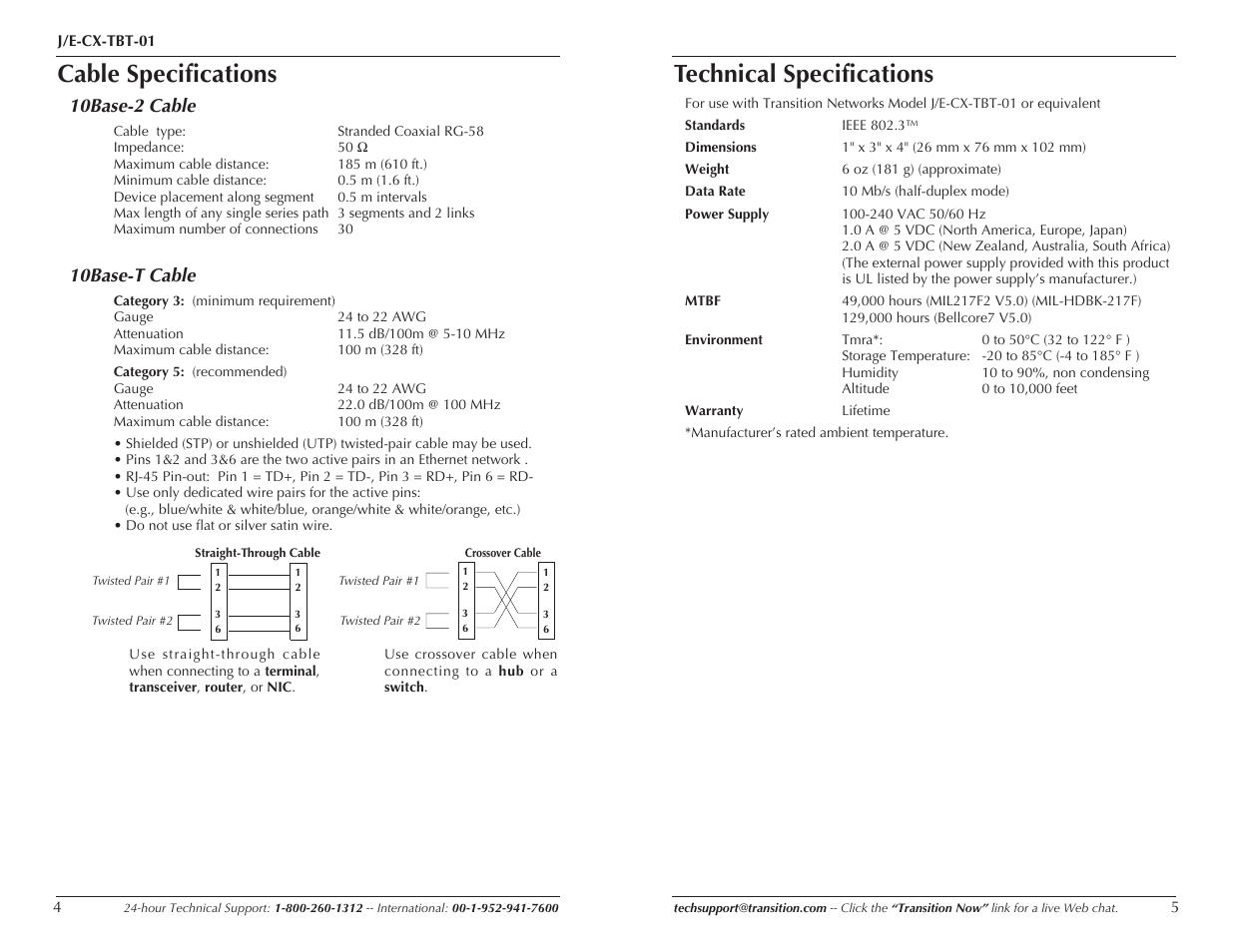 Cable specifications, Technical specifications, 10base-2 cable | 10base-t cable | Transition Networks J/E-CX-TBT-01 User Manual | Page 3 / 5