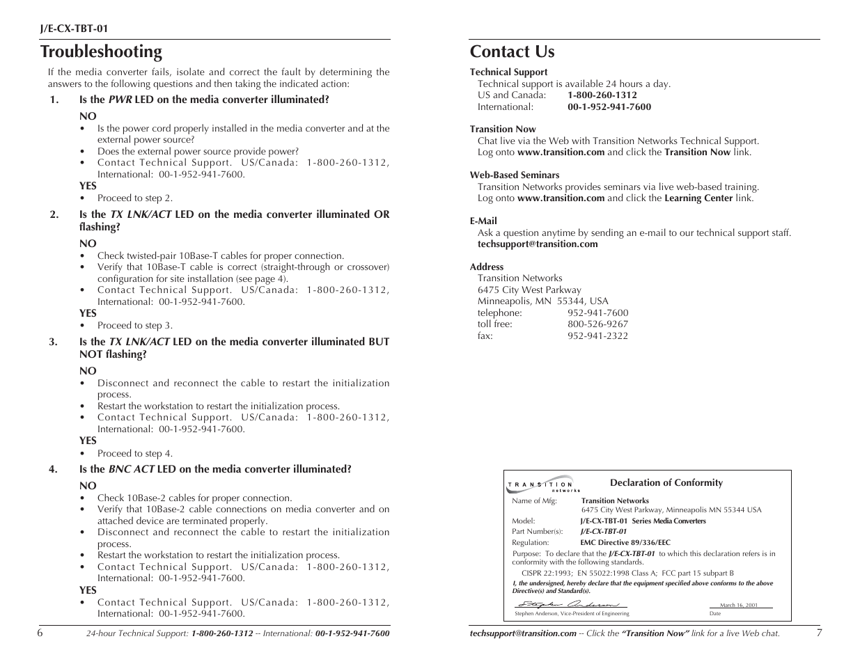 Troubleshooting, Contact us | Transition Networks J/E-CX-TBT-01 User Manual | Page 4 / 5