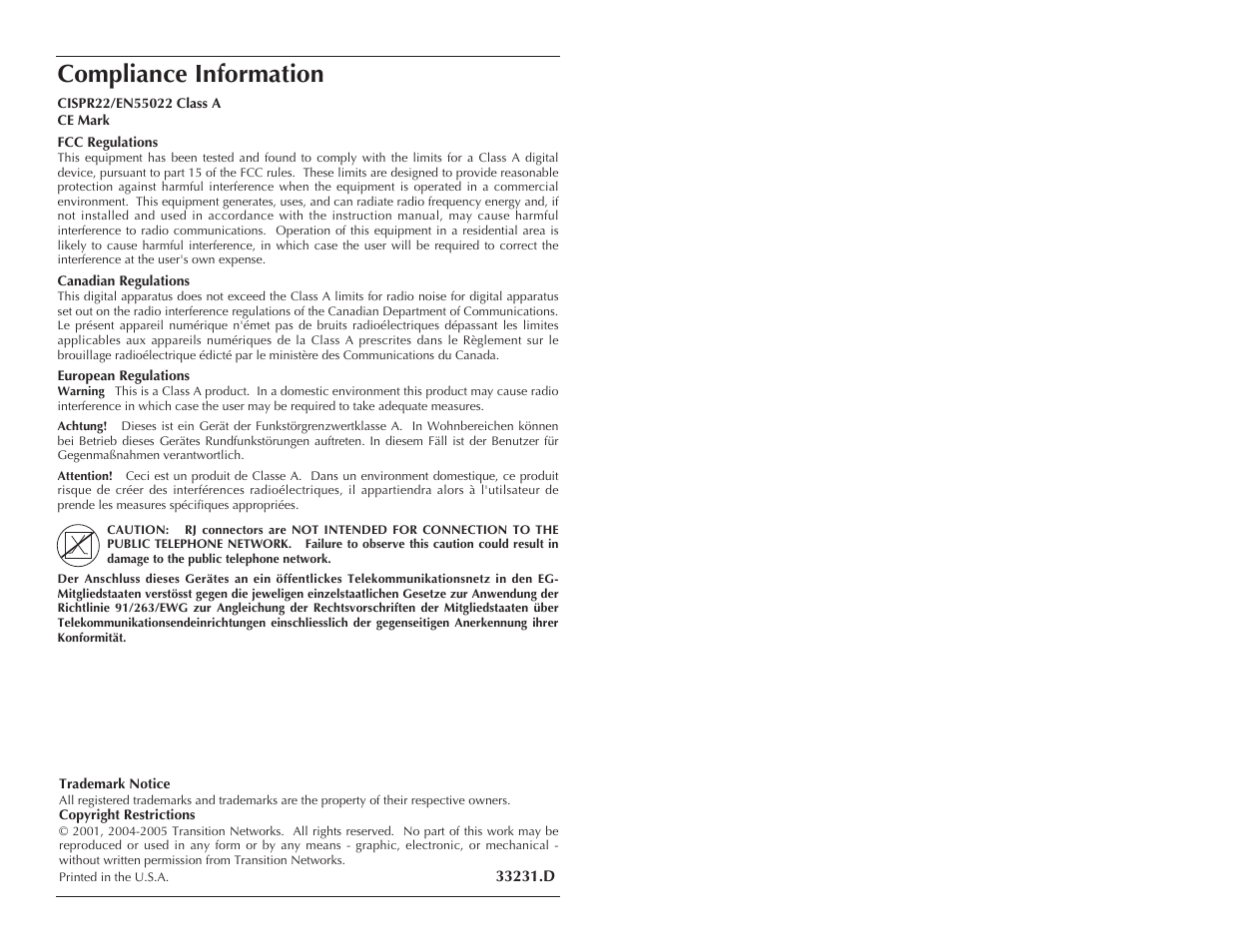 Compliance information | Transition Networks J/E-CX-TBT-01 User Manual | Page 5 / 5
