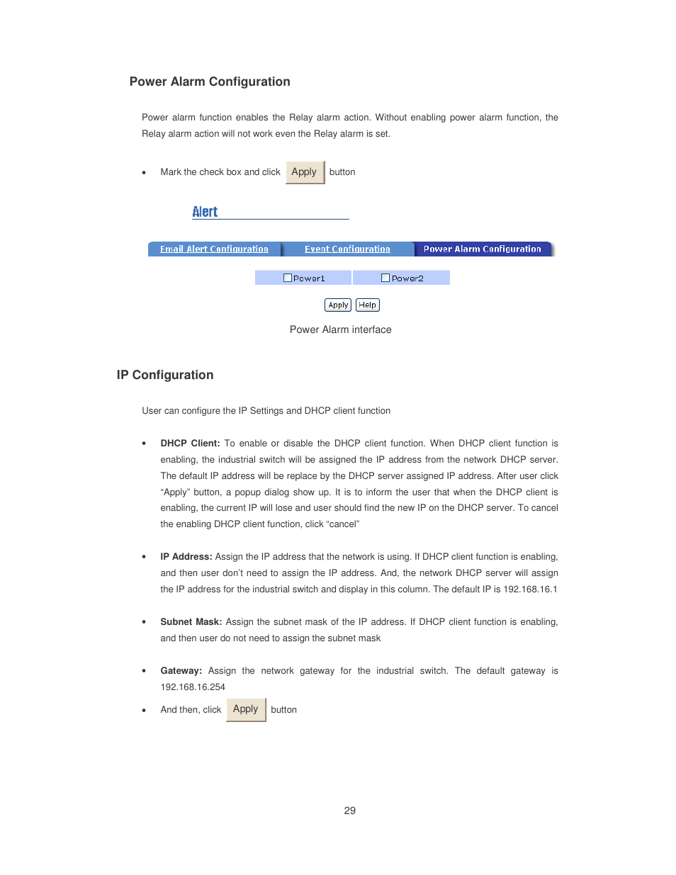 Power alarm configuration, Ip configuration | Transition Networks SISTM10XX-162-LR User Manual | Page 34 / 57