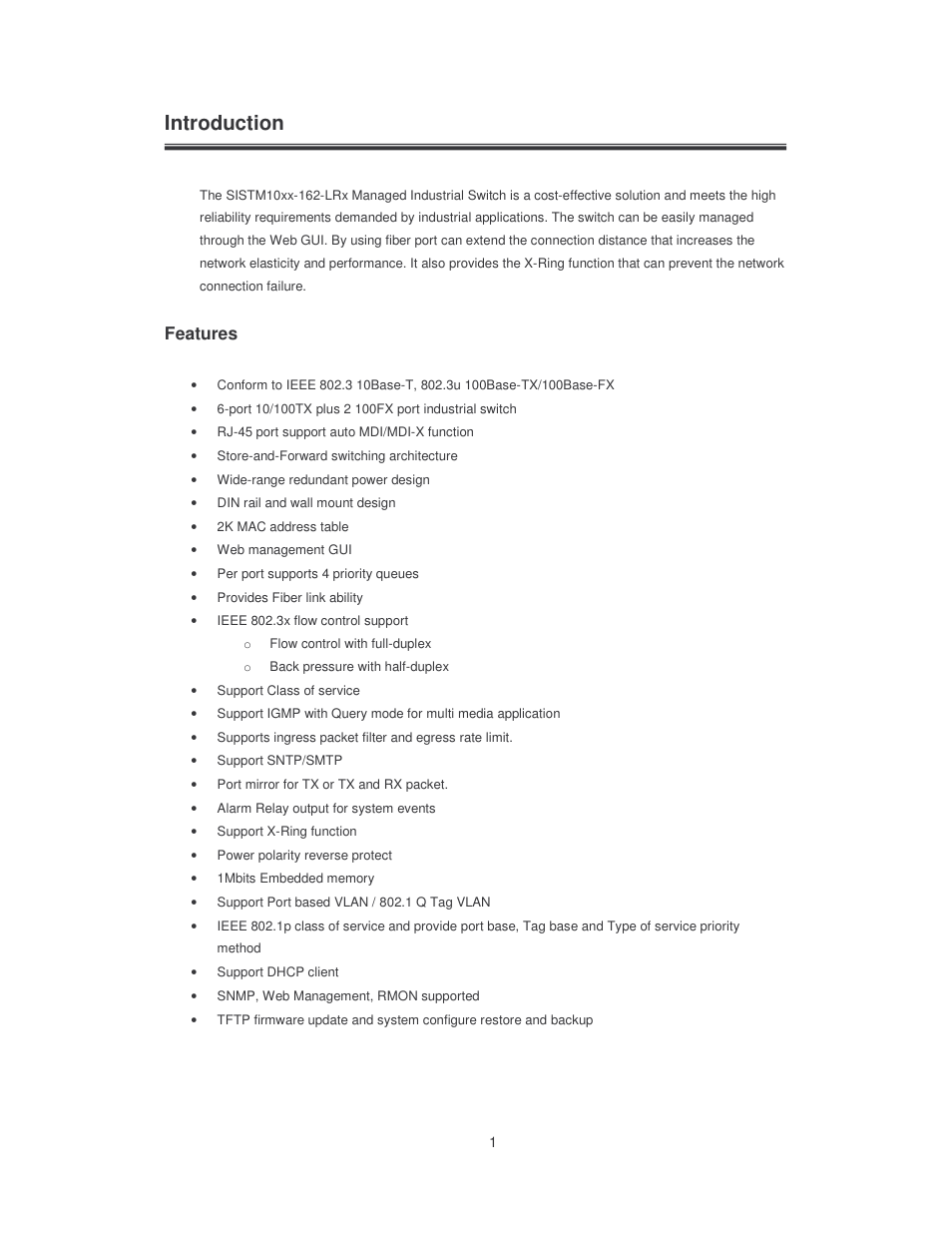 Introduction, Features | Transition Networks SISTM10XX-162-LR User Manual | Page 6 / 57