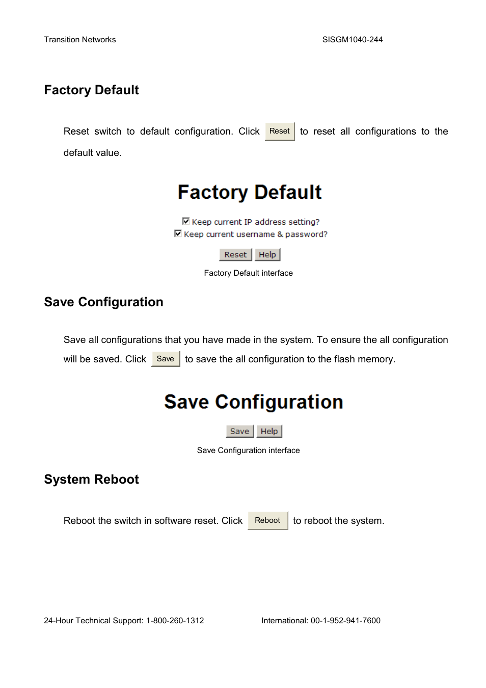 Factory default, Save configuration, System reboot | Transition Networks SISGM1040-244 User Manual | Page 116 / 117