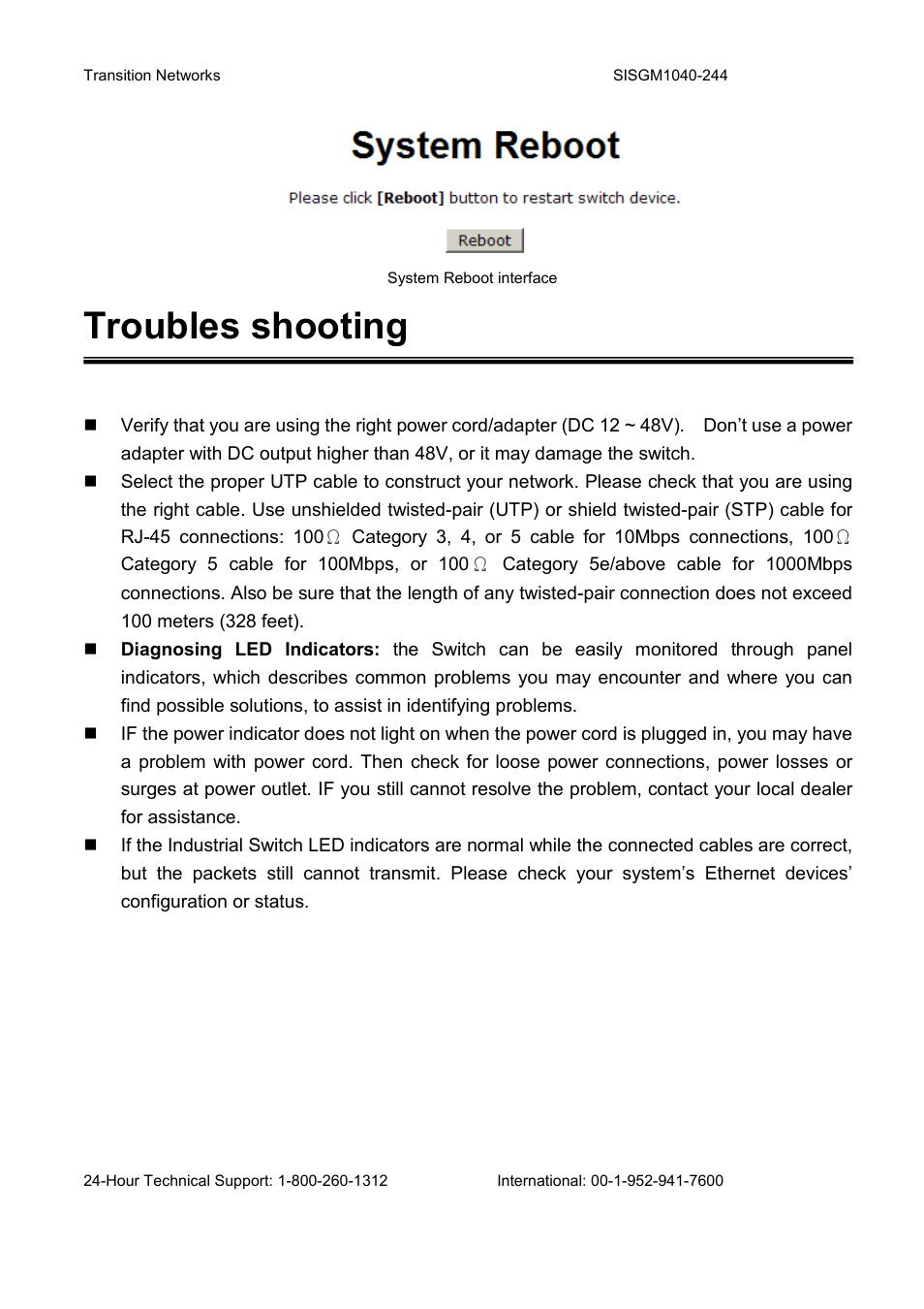 Troubles shooting | Transition Networks SISGM1040-244 User Manual | Page 117 / 117