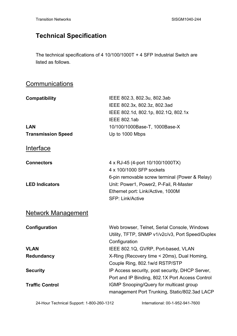 Technical specification, Communications, Interface | Network management | Transition Networks SISGM1040-244 User Manual | Page 13 / 117