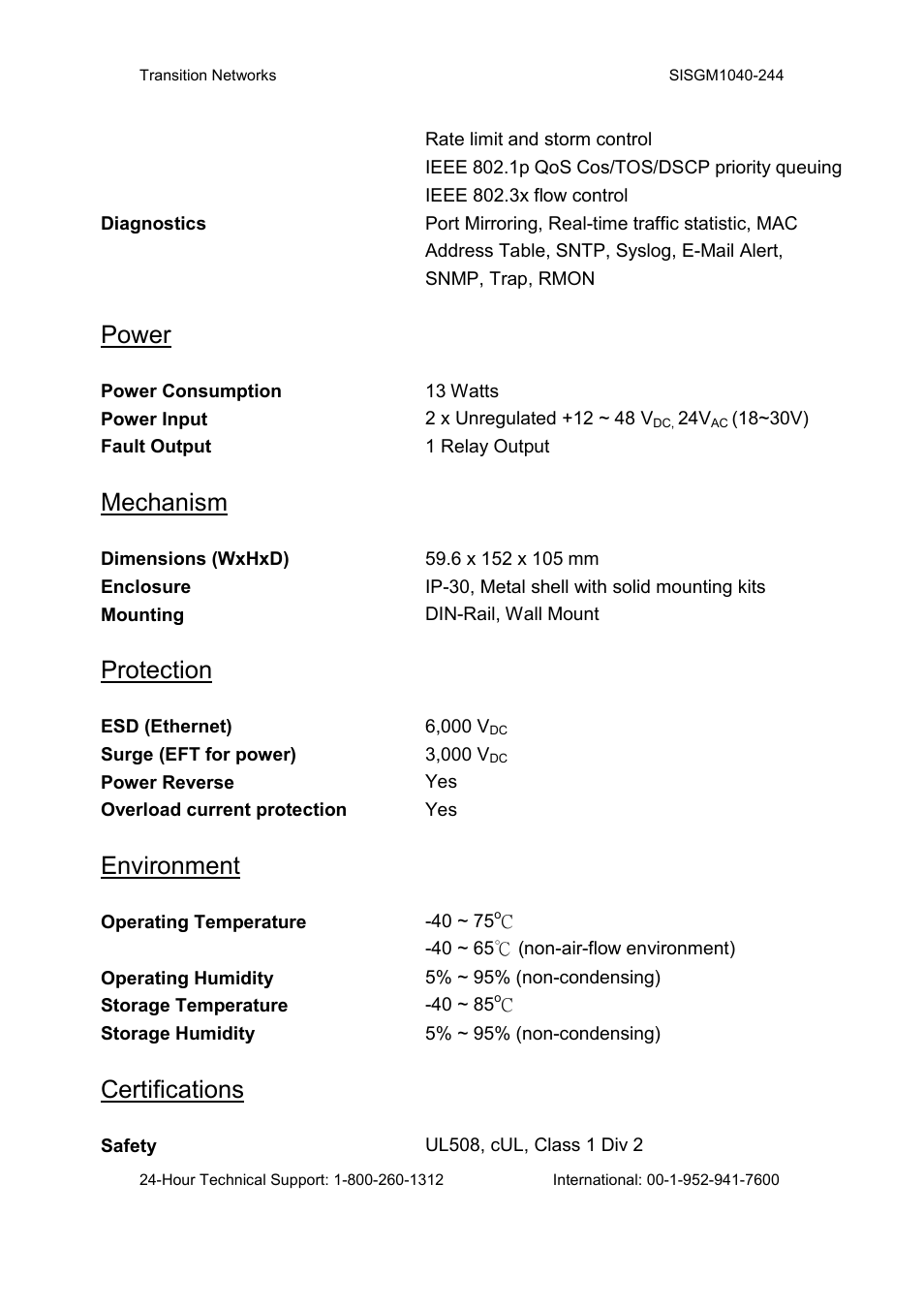 Power, Mechanism, Protection | Environment, Certifications | Transition Networks SISGM1040-244 User Manual | Page 14 / 117