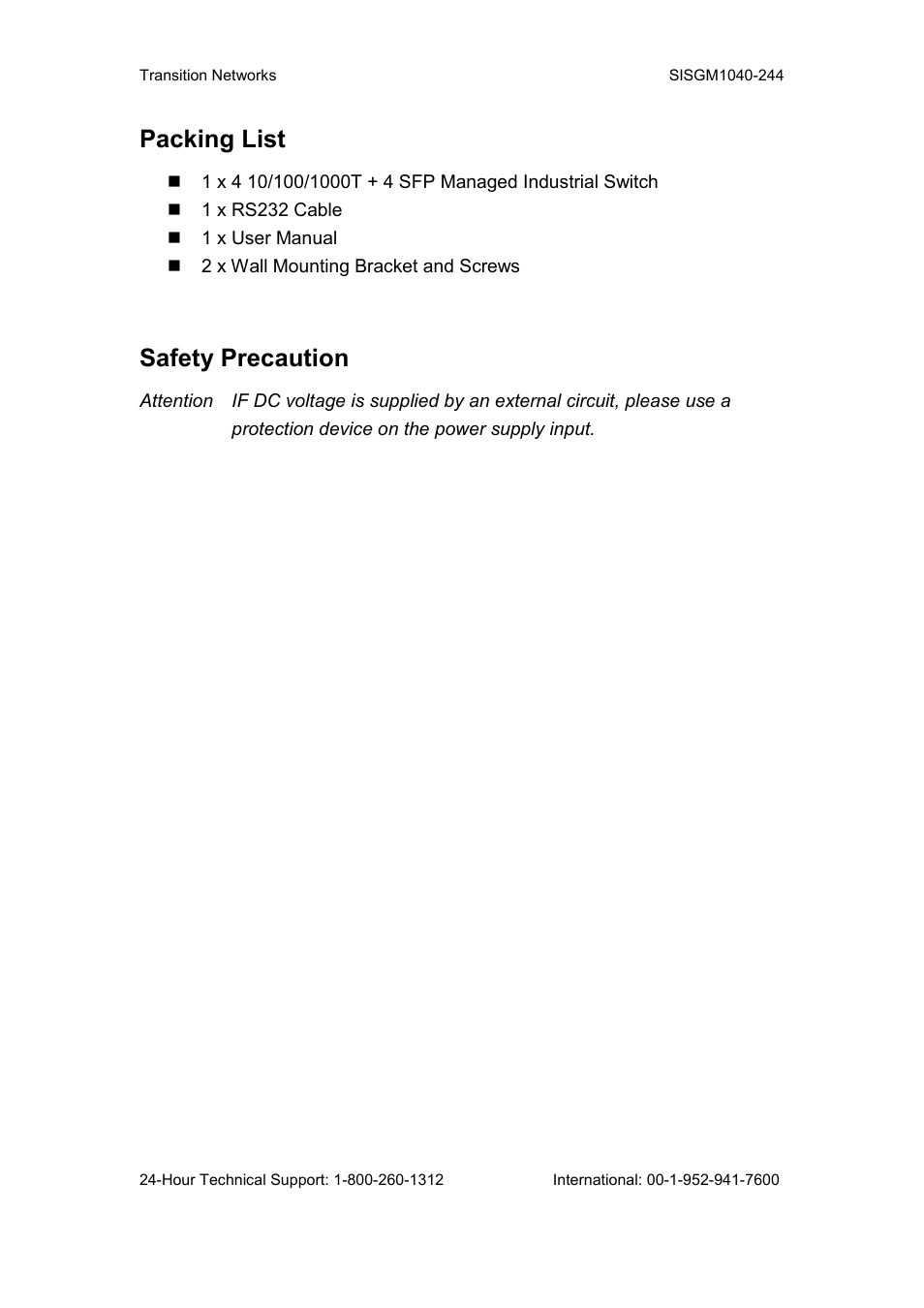 Packing list, Safety precaution | Transition Networks SISGM1040-244 User Manual | Page 16 / 117
