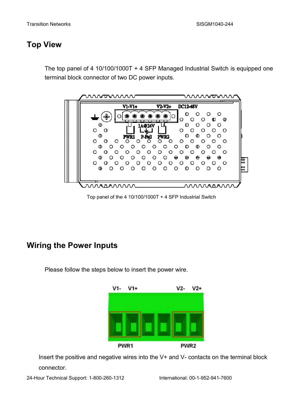 Top view, Wiring the power inputs | Transition Networks SISGM1040-244 User Manual | Page 18 / 117