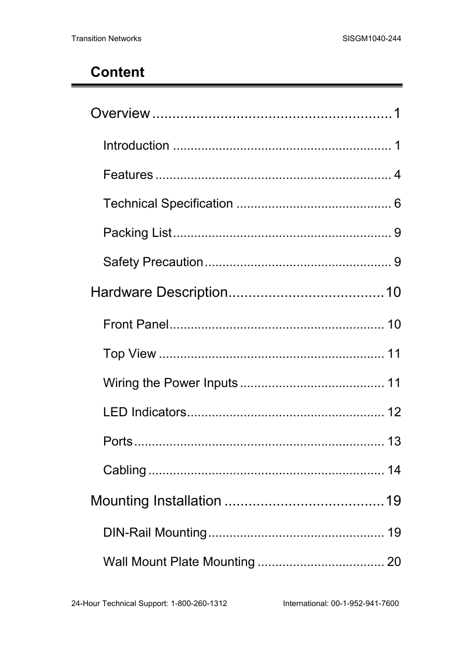 Content, Overview, Hardware description | Mounting installation, Introduction, Features, Technical specification, Packing list, Safety precaution, Front panel | Transition Networks SISGM1040-244 User Manual | Page 2 / 117