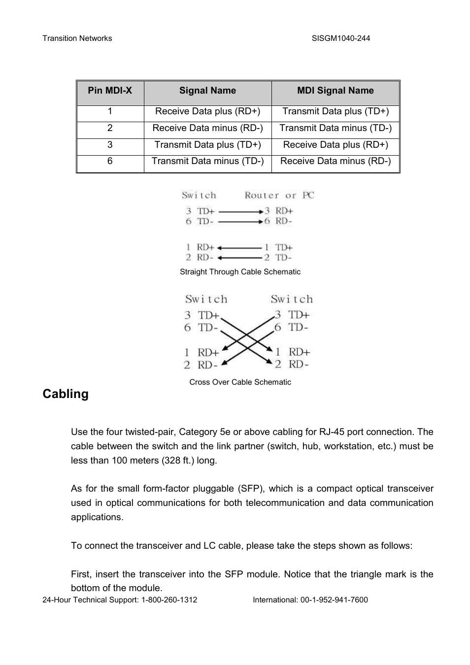 Cabling | Transition Networks SISGM1040-244 User Manual | Page 21 / 117
